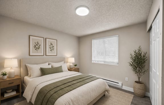 A bedroom with a bed, two lamps, and a plant.