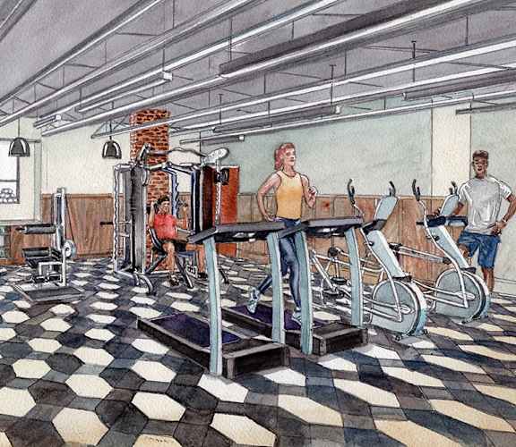 an illustration of a gym with people working out in it