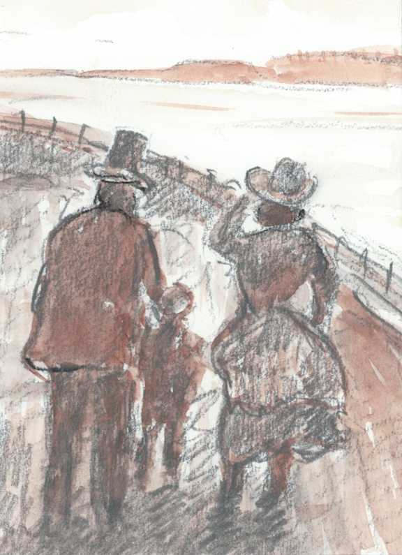 Two people wearing hats walk down a path.