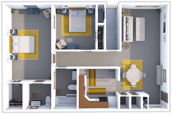 a rendering of a 3d floor plan with a bedroom and a living room