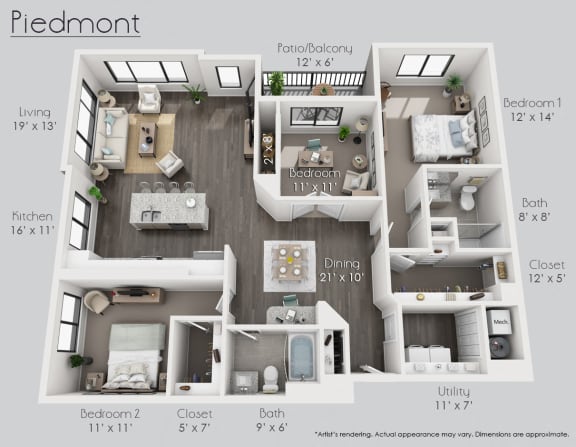 Piedmont 3 Bed Unit Floor Plan