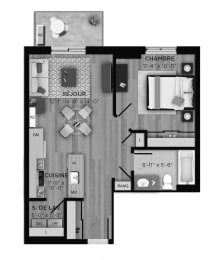 Floor Plan  1 bedroom 1 bathroom apartment floor plan at La Voile Boisbriand in Boisbriand, QC