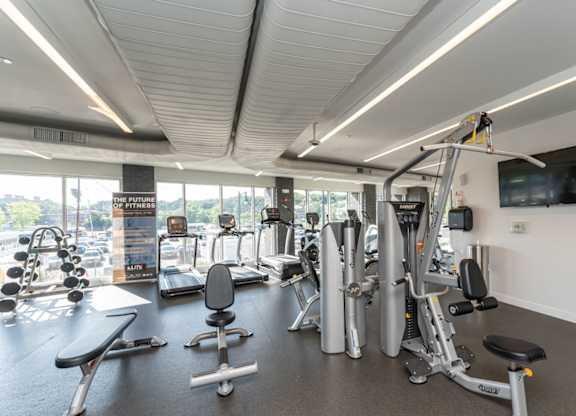 a gym with weights and cardio equipment and a view of the city