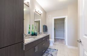 A bathroom with a sink, mirror, and a rug.