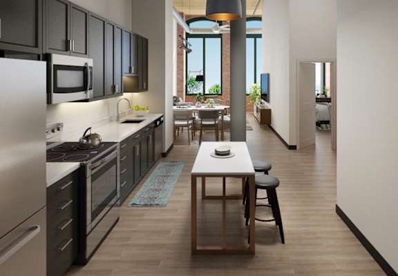 a rendering of a kitchen and living room in an apartment