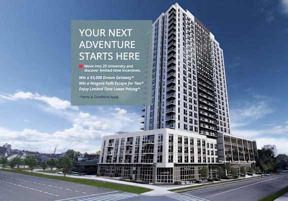 A tall white building with a blue sky in the background and text overlay.