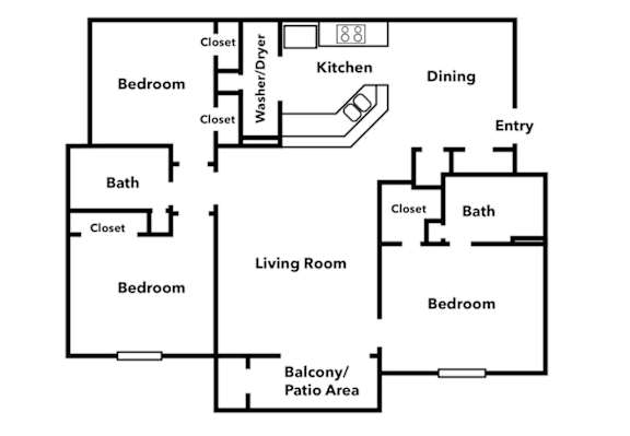 A floor plan of a house with a living room, kitchen, dining area and bathrooms.
