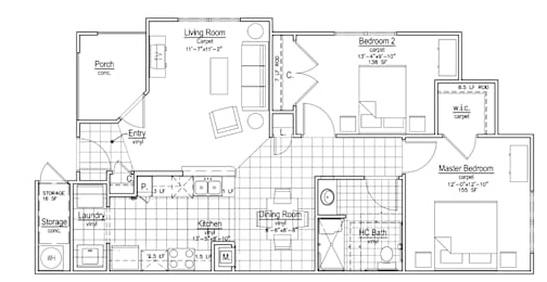  Floor Plan 2 Bed, 2 Bath