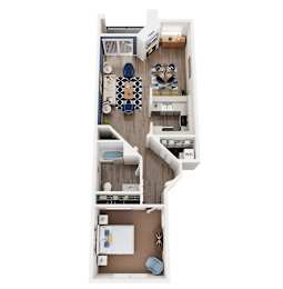 A 3D floor plan of a small apartment with a kitchen, living room, and bathroom.