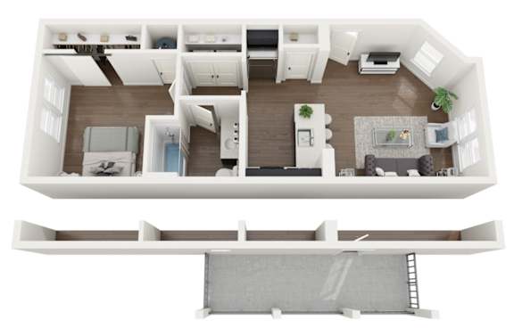 A white model of a house with a kitchen, living room, and bathroom.