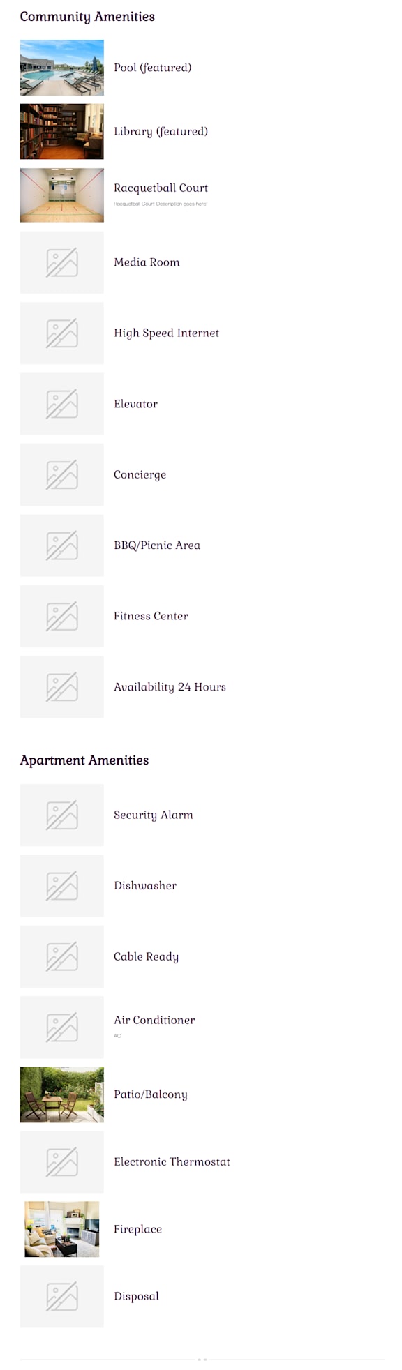 A list of amenities for a community and apartments, including a pool, library, and security alarm.