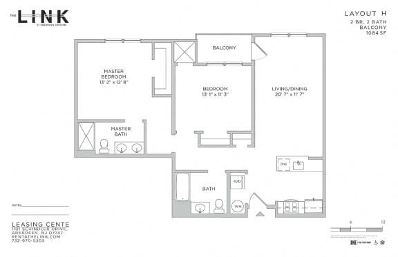Layout H 2 Bed 2 Bath Floor Plan at The Link at Aberdeen Station, Aberdeen, NJ