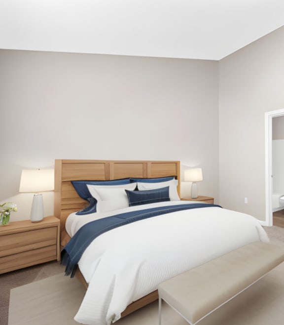 a bedroom with a bed and a closet  and a bathroom at Traditions at Slate Ridge, Reynoldsburg, OH 43068