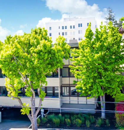 A modern building with a flat roof and large windows is surrounded by trees.