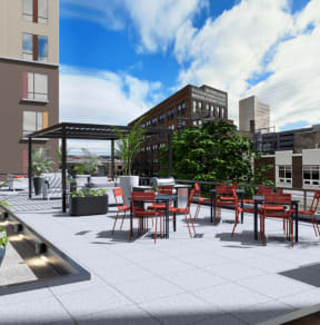 a rendering of a rooftop patio with a fire pit and seating