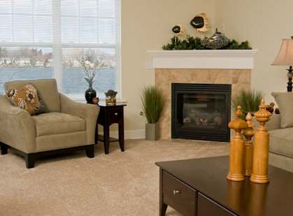 Living Room with Fireplace at Long Pond Shores Waterfront Apartments, Rochester, NY