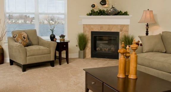 Living Room with Fireplace at Long Pond Shores Waterfront Apartments, Rochester, NY