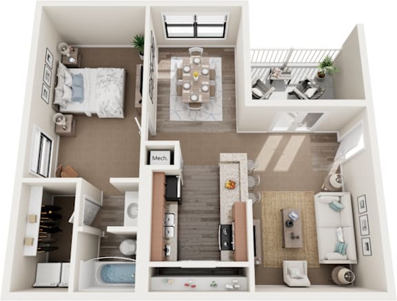 a 3d drawing of a bedroom with a living room