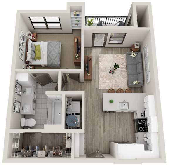 A 3D floor plan of a small apartment with a bedroom, living room, kitchen, and bathroom.