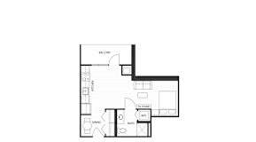 A floor plan of a studio apartment with a kitchen, living room, and bathroom.
