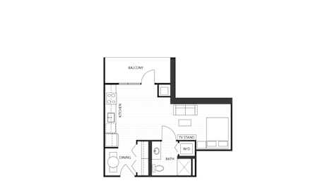 A floor plan of a studio apartment with a kitchen, living room, and bathroom.