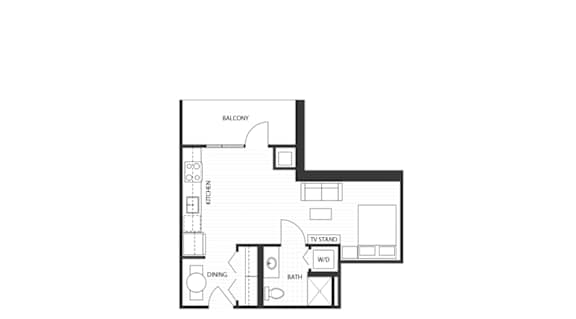 A floor plan of a studio apartment with a kitchen, living room, and bathroom.