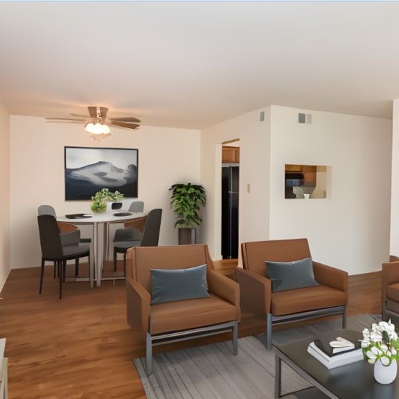 a rendering of a living room and dining room with a table and chairs