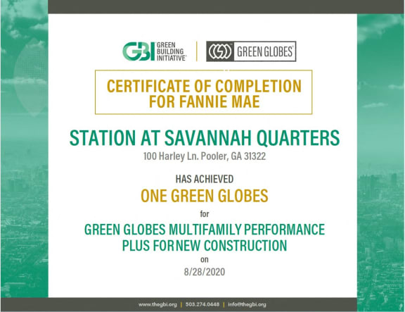 the certificate of completion for fianna máe station at savannah quarterers