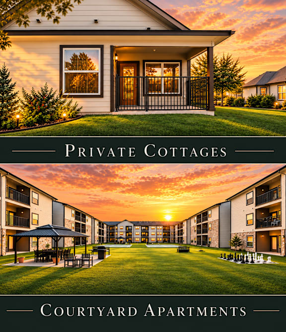 A brochure showcasing private cottages and courtyard apartments with outdoor seating areas.