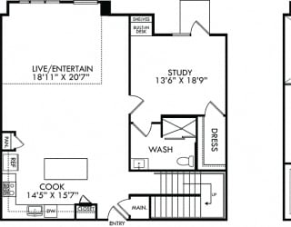 The Walnut Creek. 2 bedroom apartment + study. Kitchen with island open to living/dinning room. 3 full bathrooms with shower stalls, double vanity in master. Walk-in closets. Patio.