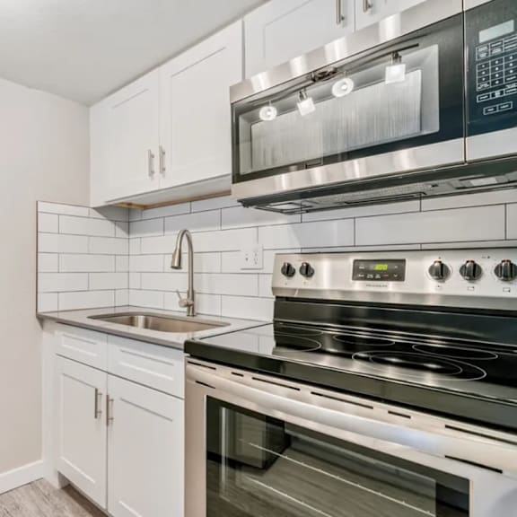 A kitchen with a stainless steel oven and microwave above it.