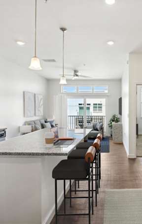 A modern kitchen with a bar area and a view of the outdoors.