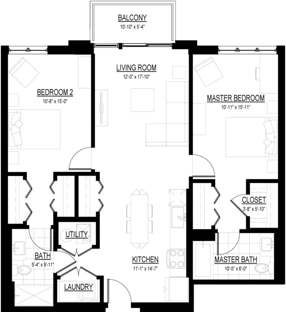 2 Bed 2 Bath P Floor Plan 2 Bed 2 Bath P Floor Plan at Courthouse Square Apartments, Wheaton, 60187