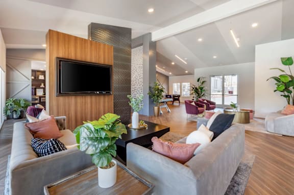 A living room with a grey couch and a wooden entertainment unit.