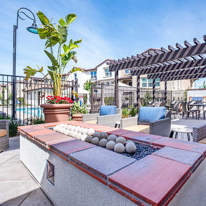 A patio with a table, chairs, and a potted plant.