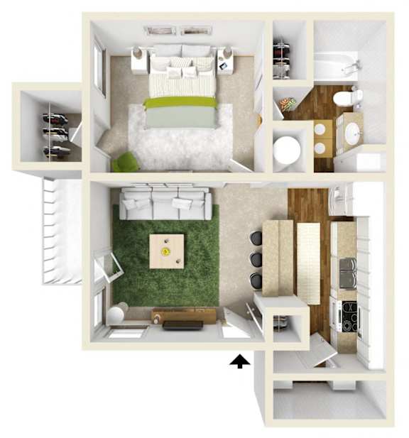 a 3d drawing of a bedroom with furnishings and a rug