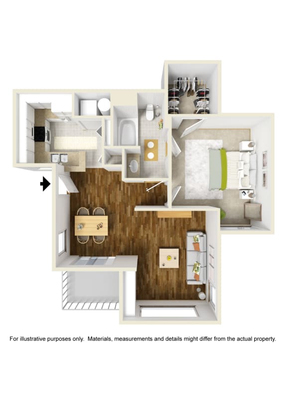 1 Bed 1 Bath 1x1 A Floor Plan at Atwood Apartments, Citrus Heights, California