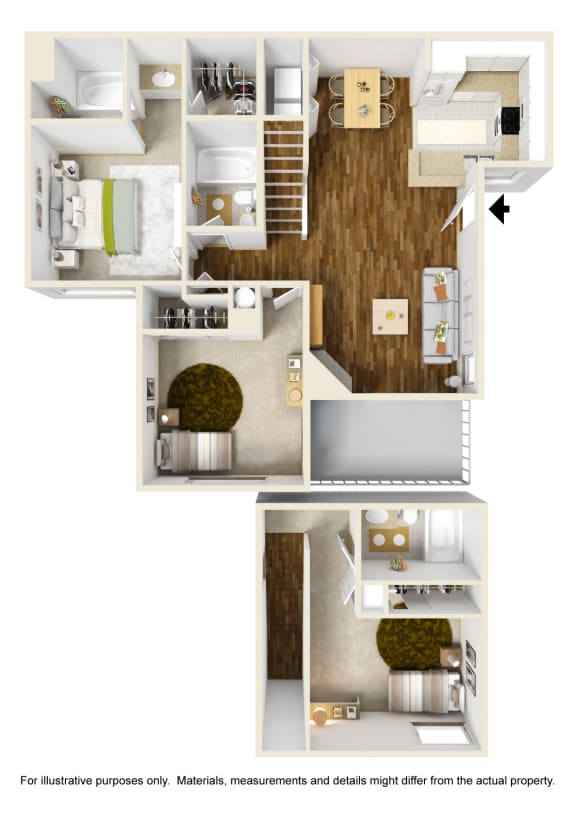 3 Bed 3 Bath 3x3 Floor Plan at Atwood Apartments, Citrus Heights, CA, 95610