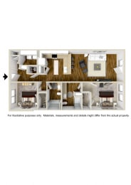 2 Bed 2 Bath Floor Plan at The Heights, Montgomery, 36104
