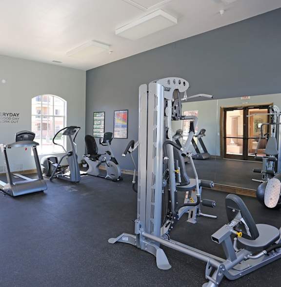 A gym with a variety of equipment including treadmills, stationary bikes, and weight machines.