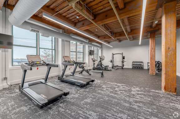 Gym with treadmills at Shorehaus Lofts Apartments, Cleveland, Ohio