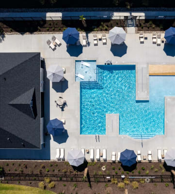 an aerial view of a large blue pool with umbrellas and chairs around it