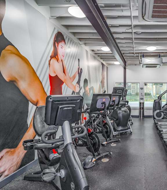 A gym with treadmills and a woman on the wall.
