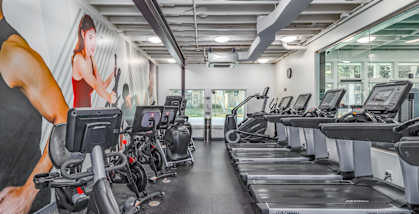 A gym with treadmills and a woman on the wall.