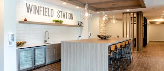 Clubhouse Kitchen for Socializing at Winfield Station Apartments, J Street Property Services, Winfield, Illinois