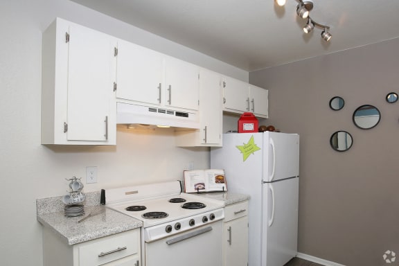 Display of Kitchen with white cabinetry and appliances