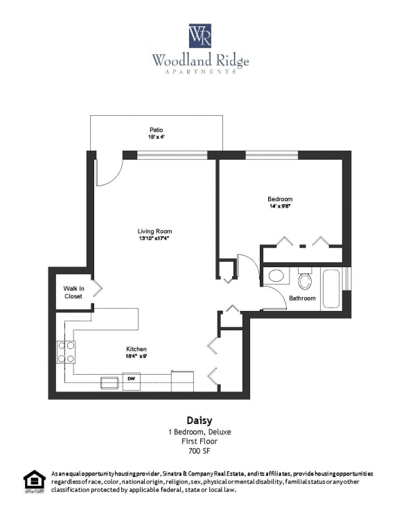 Floor Plan  700 Square-Foot Daisy 1 Bedroom 1 Bath Floor Plan at Woodland Ridge, Illinois, 60517