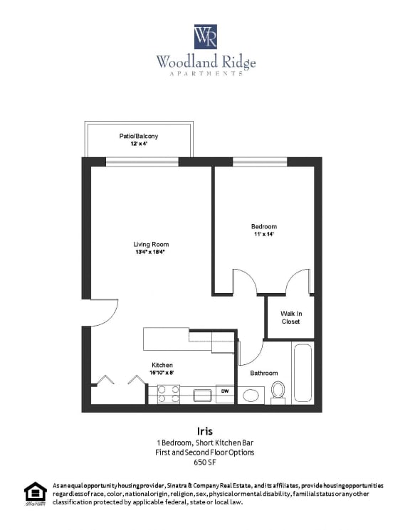 Iris (1) 1 Bedroom 1 Bath Floor Plan 650 Square-Foot Iris (1) 1 Bedroom 1 Bath Floor Plan at Woodland Ridge, Woodridge
