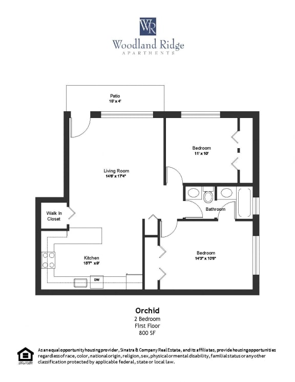 800 Square-Foot Orchid 2 Bedroom 1 Bath Floor Plan at Woodland Ridge, Woodridge, IL, 60517