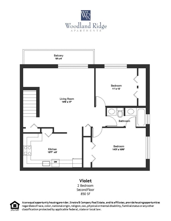 900 Square-Foot Violet 2 Bedroom 1 Bath Floor Plan at Woodland Ridge, Woodridge, IL